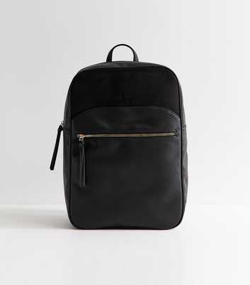 Black Faux Leather Rectangle Zip Pocket Backpack
