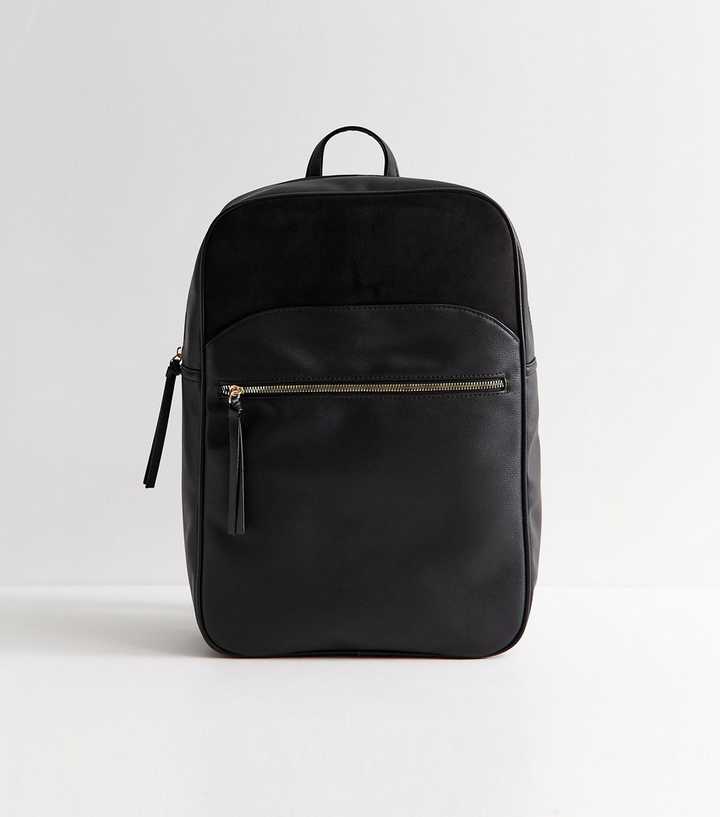 Black Faux Leather Rectangle Zip Pocket Backpack