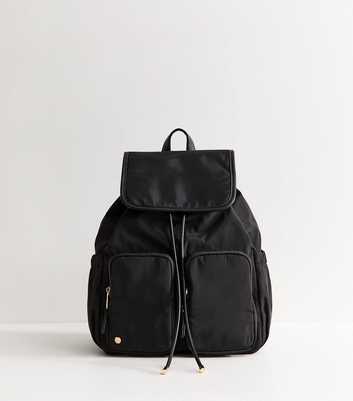 Black Woven Double Pocket Drawstring Backpack