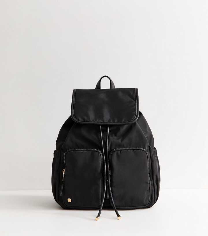 Black Woven Double Pocket Drawstring Backpack