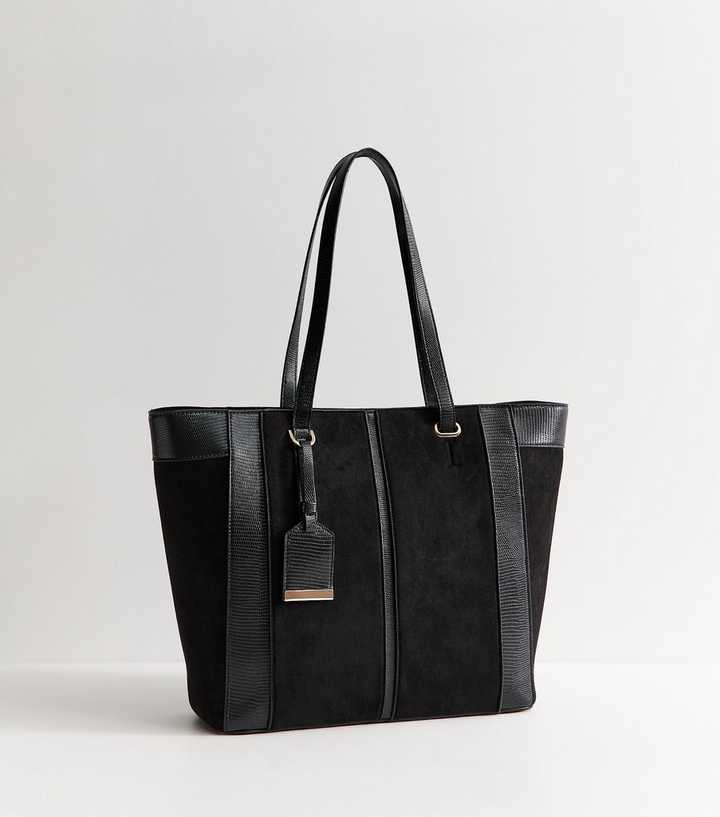 Black Faux Suede Textured Panel Tote Bag