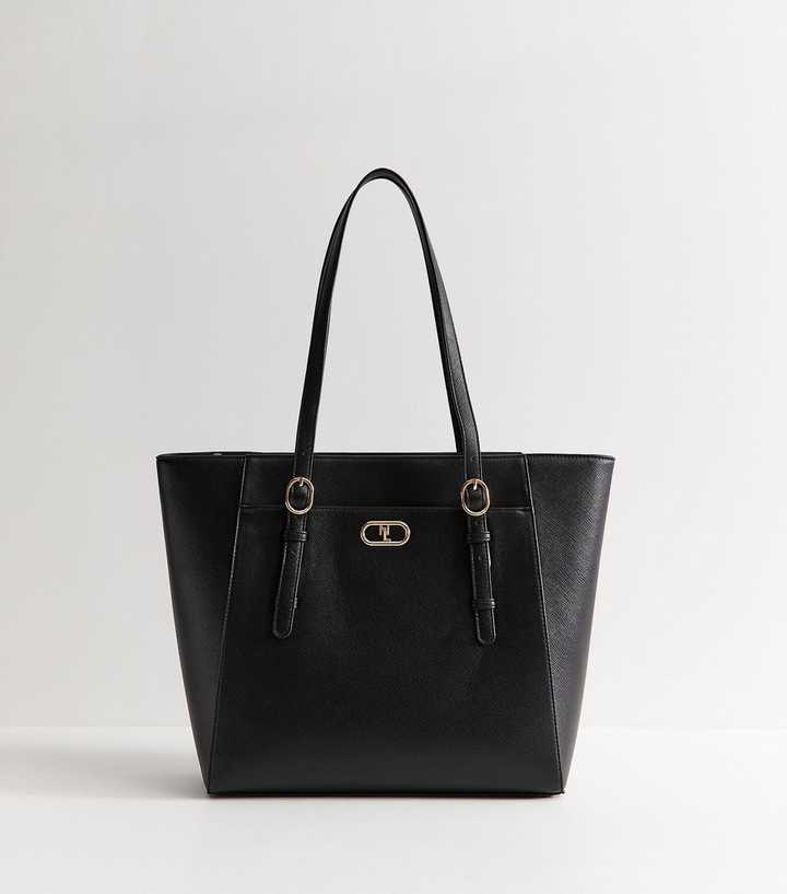 Black Textured Faux Leather Slim Strap Tote Bag