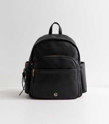Black Faux Leather Front Pocket Backpack