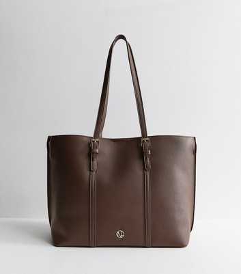 Dark Brown Faux Leather Double Buckle Tote Bag