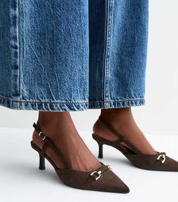 Dark Brown Faux Suede Horsebit Detail Slingback Pumps