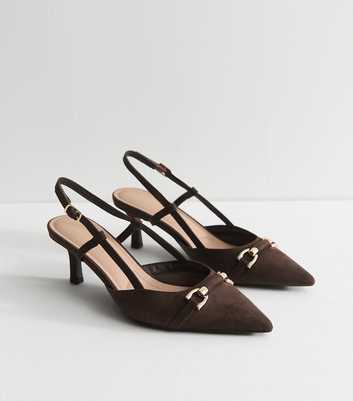 Dark Brown Faux Suede Horsebit Detail Slingback Pumps