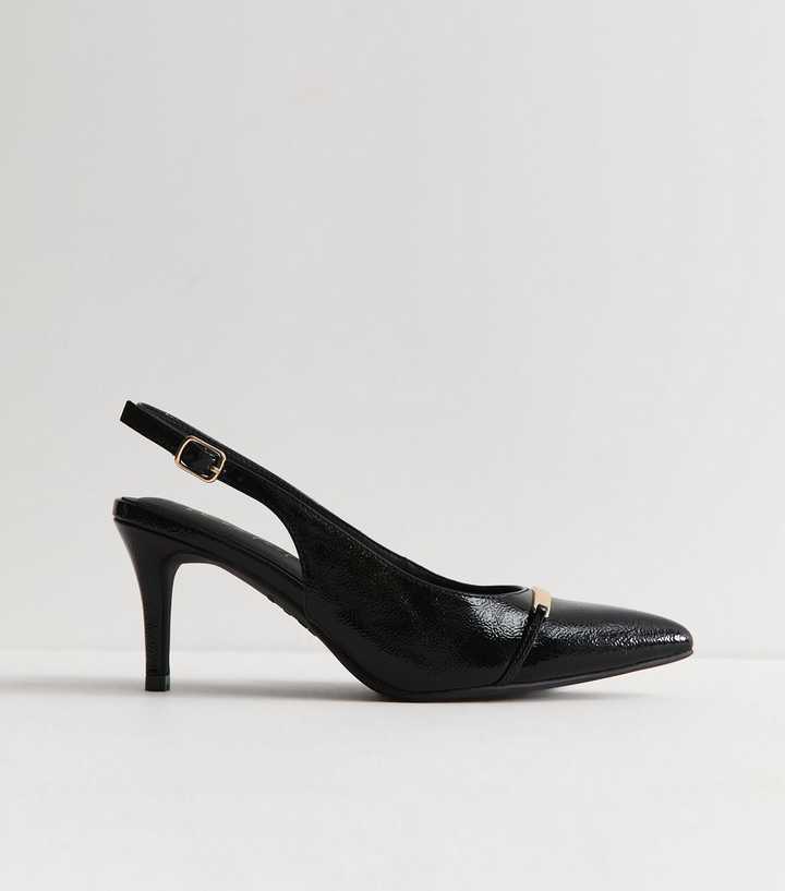 Wide Fit Black Faux Leather Metallic Panel Slingback Pumps