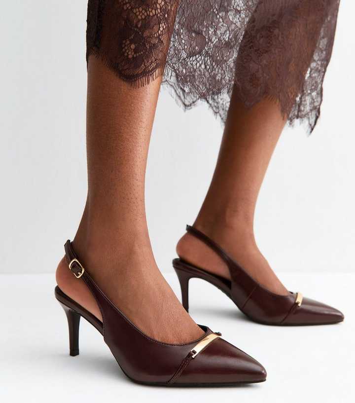 Wide Fit Dark Burgundy Faux Leather Metallic Panel Slingback Pumps