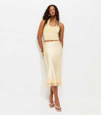 Light Yellow Satin Scalloped Lace Hem Midi Skirt