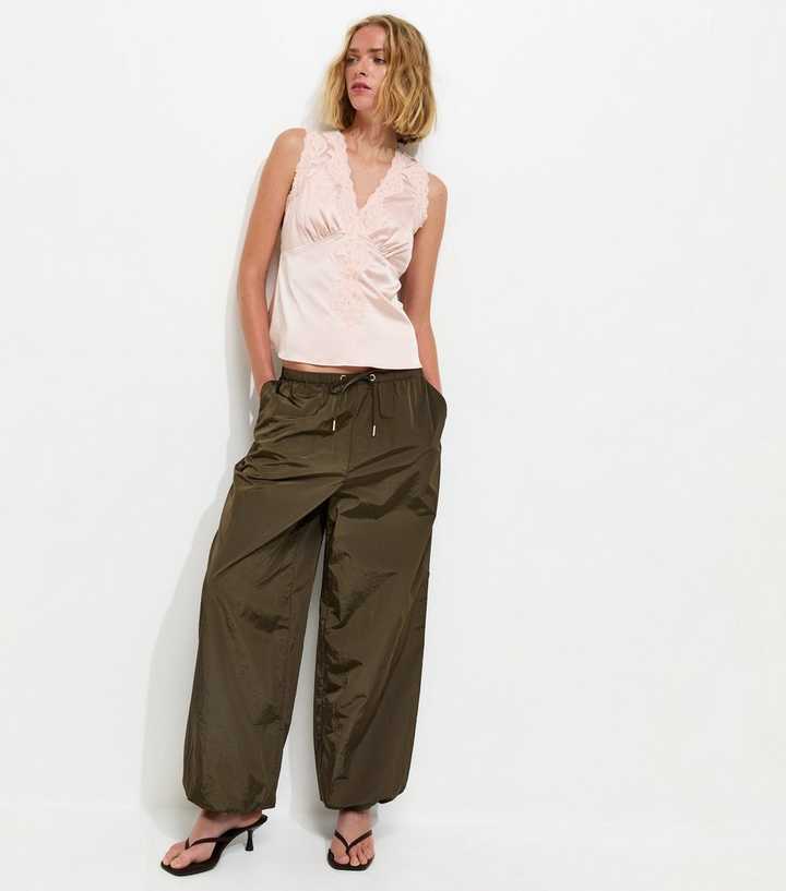 Khaki Tapered Leg Shiny Parachute Trousers