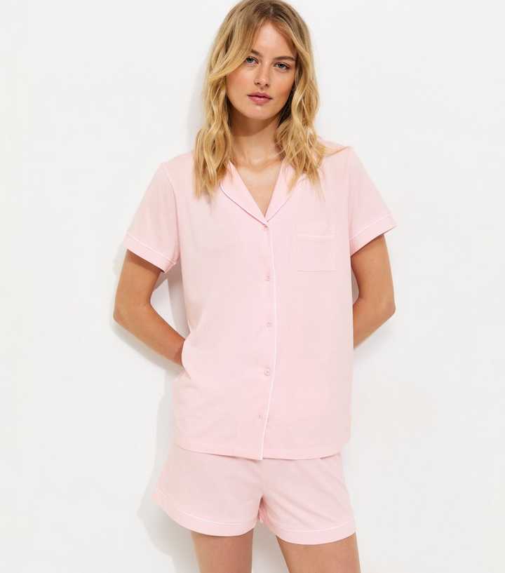 Tall Light Pink Jersey Revere Collar Pyjama Shorts Set