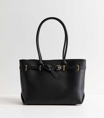 Black Faux Leather Belted Tote Bag