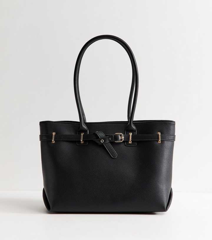 Black Faux Leather Belted Tote Bag