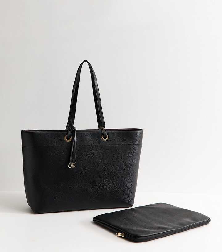 Black Faux Leather Logo Charm Laptop Case Tote Bag