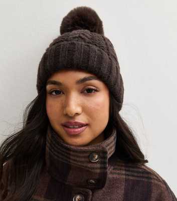 Dark Brown Faux Fur Pom Pom Bobble Hat