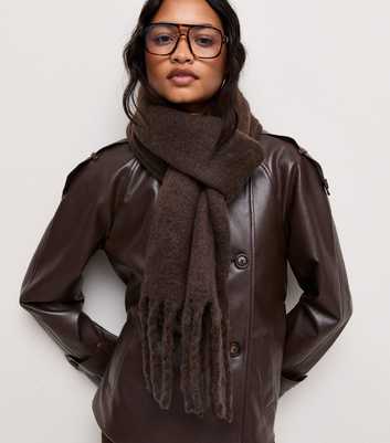 Dark Brown Chunky Knit Fringed Scarf