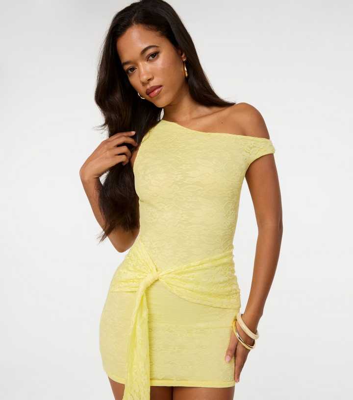 Pink Vanilla Light Yellow Tie Front Lace Asymmetric Mini Dress | New Look