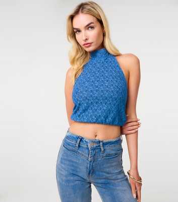 Pink Vanilla Blue Lace Bubble Hem Halter Neck Cropped Top