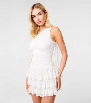 Pink Vanilla Off White Lace Asymmetric Ruffle Drape Mini Dress