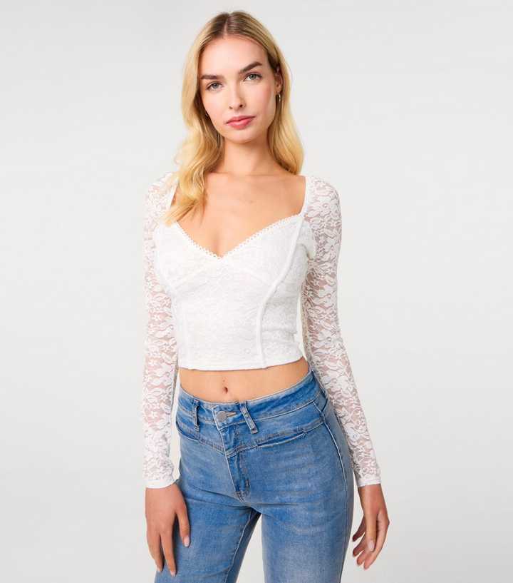Pink Vanilla White Lace Long Sleeve Corset Style Top
