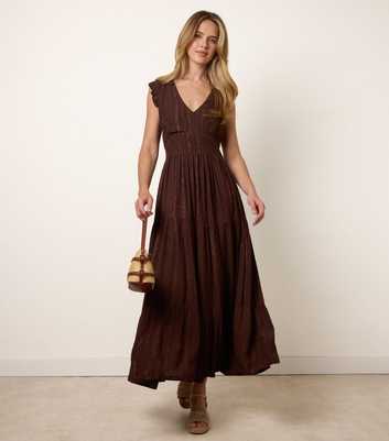 Blue Vanilla Dark Brown V Neck Tiered Midi Dress