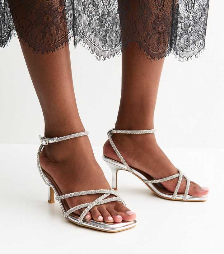 Wide Fit Silver Diamante Embellished Strappy Heeled Sandals
