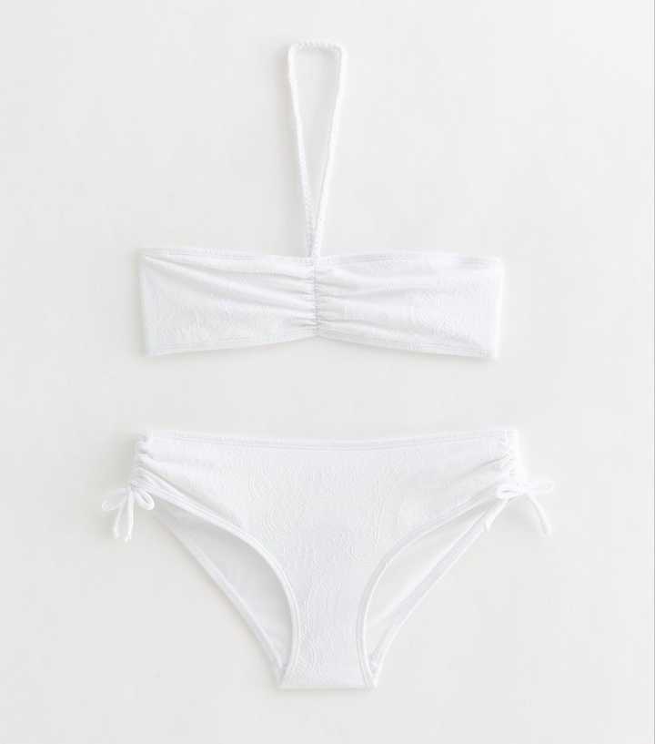 Girls White Paisley Jacquard Bikini Top and Bottoms Set