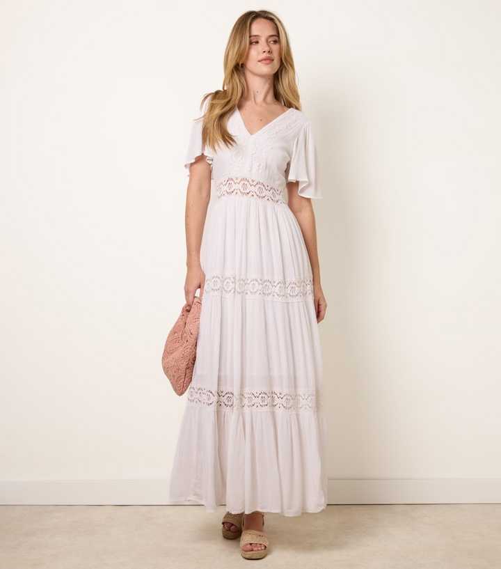Blue Vanilla Off White V-Neck Tiered Crochet Trim Midi Dress