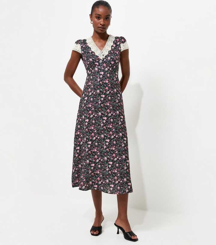 Black Ditsy Floral Lace Insert Tea Midi Dress
