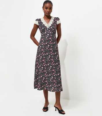 Navy Ditsy Floral Lace Insert Tea Midi Dress