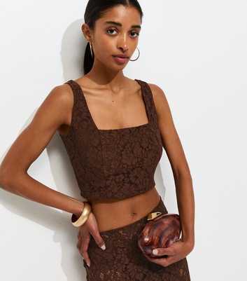 Dark Brown Lace Square Neck Crop Top