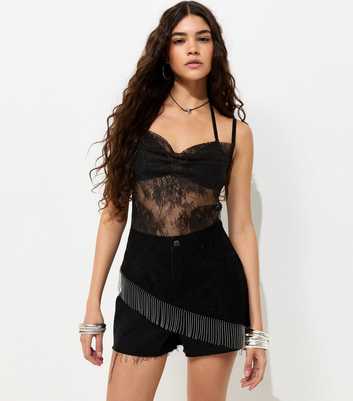 Black Sheel Lace Asymmetric Fringe Cami Top
