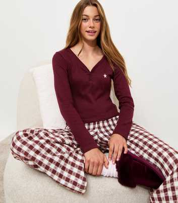 Girls Dark Burgundy Check Long Sleeve Top and Trousers Pyjama Set
