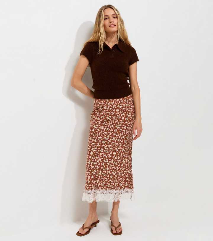 Orange Floral Print Lace Hem Bias Cut Midi Skirt
