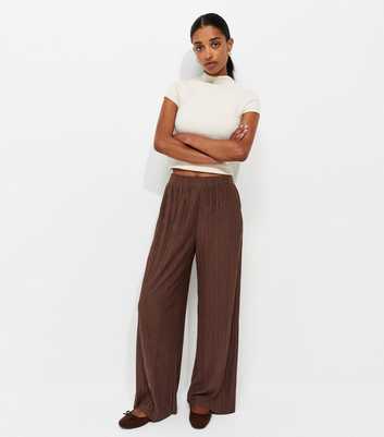 Dark Brown Crinkled Jersey Wide Leg Trousers