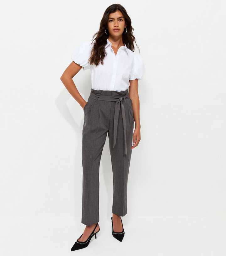 Dark Grey Paperbag Waist Tie Front Trousers