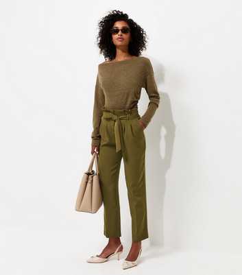 Dark Khaki Paperbag Waist Tie Front Trousers