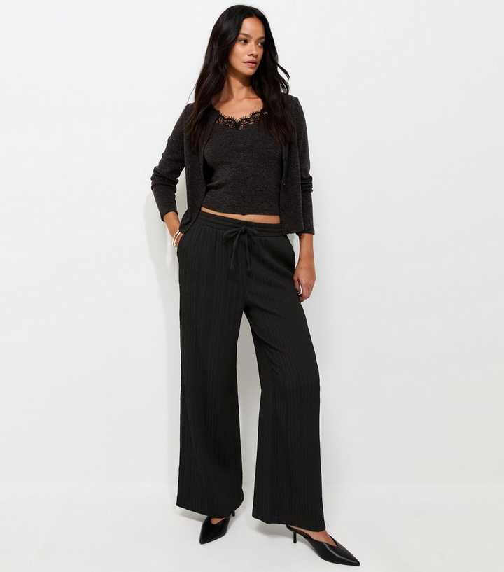 Black Ribbed Texture Wide Leg Trousers