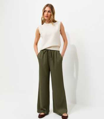 Dark Khaki Ribbed Texture Wide Leg Trousers