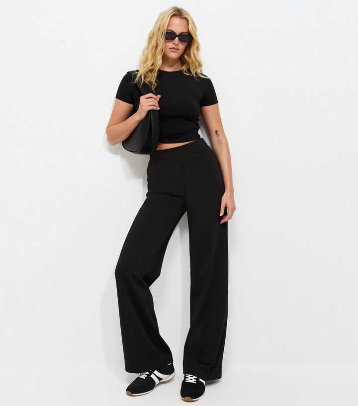 Tall Black Jersey Wide Leg Trousers
