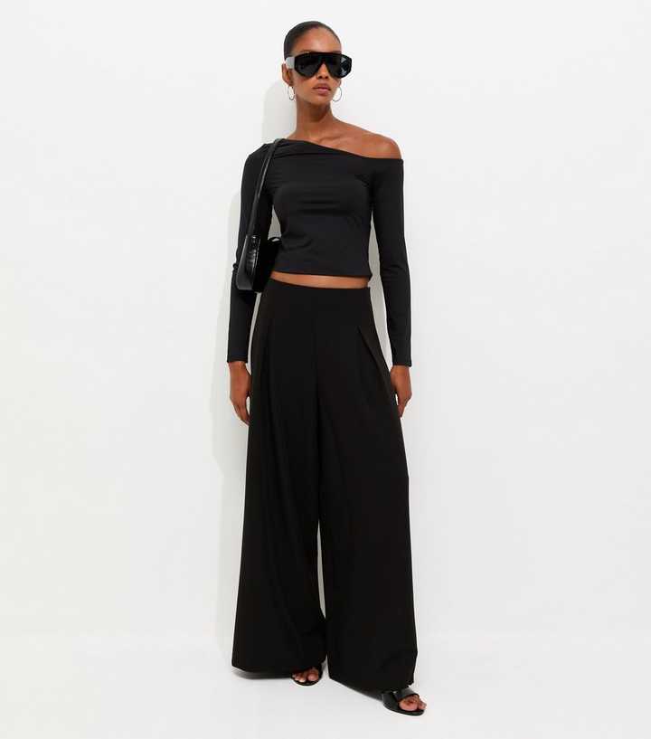 Black Pleated Palazzo Wide Leg Trousers