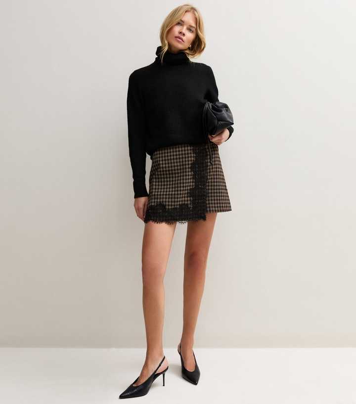 Black Check Lace Trim Wrap Skort