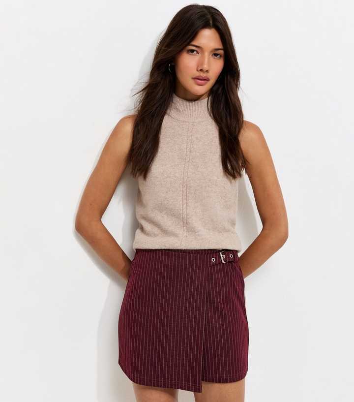 Red Woven Pinstripe Buckle Detail Skort