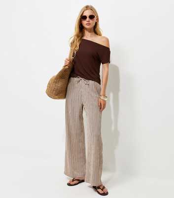 Brown Thin Stripe Crinkle Texture Wide Leg Trousers