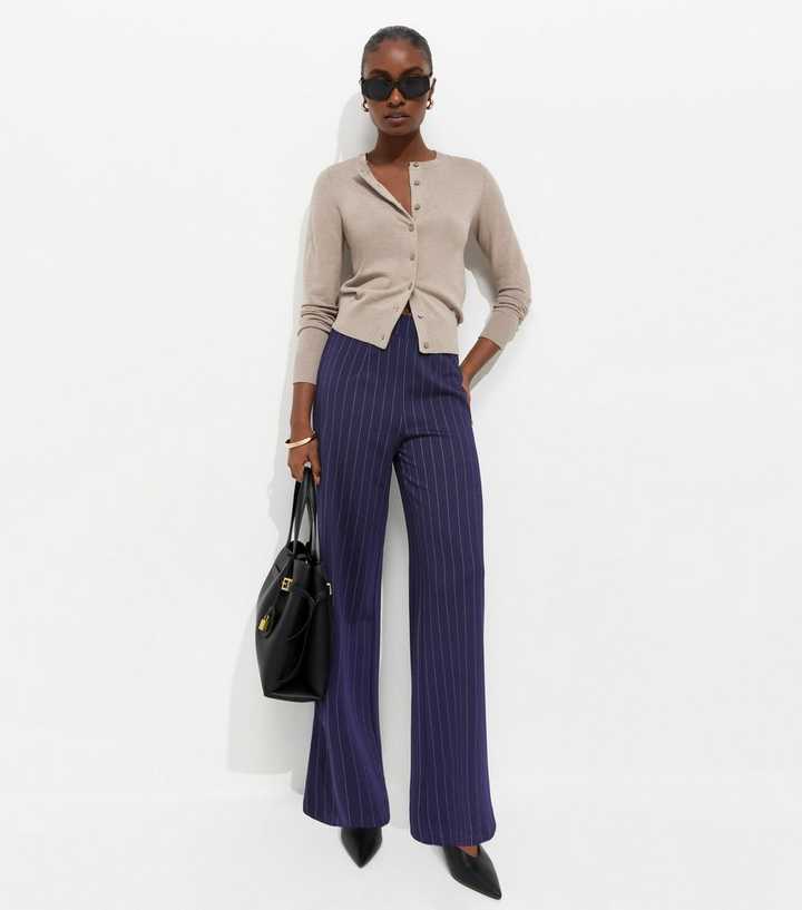 Blue Pinstripe Wide Leg Tailored Trousers