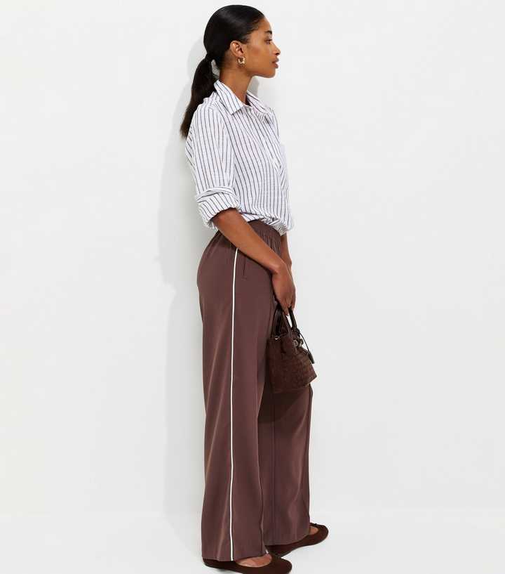 Dark Brown Pintuck Stripe Wide Leg Trousers