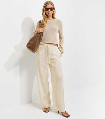 Cream Drawstring Front Crease Wide Leg Trousers