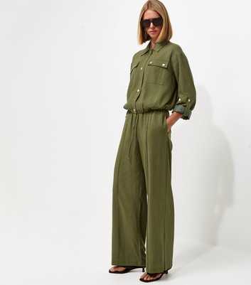 Dark Khaki Woven Wide Leg Trousers