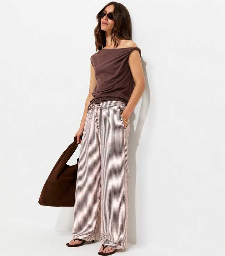 Petite Red Crinkle Texture Striped Wide Leg Trousers