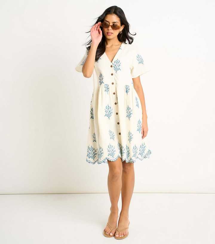 Gini London Off White Floral Embroidered Smock Mini Dress
